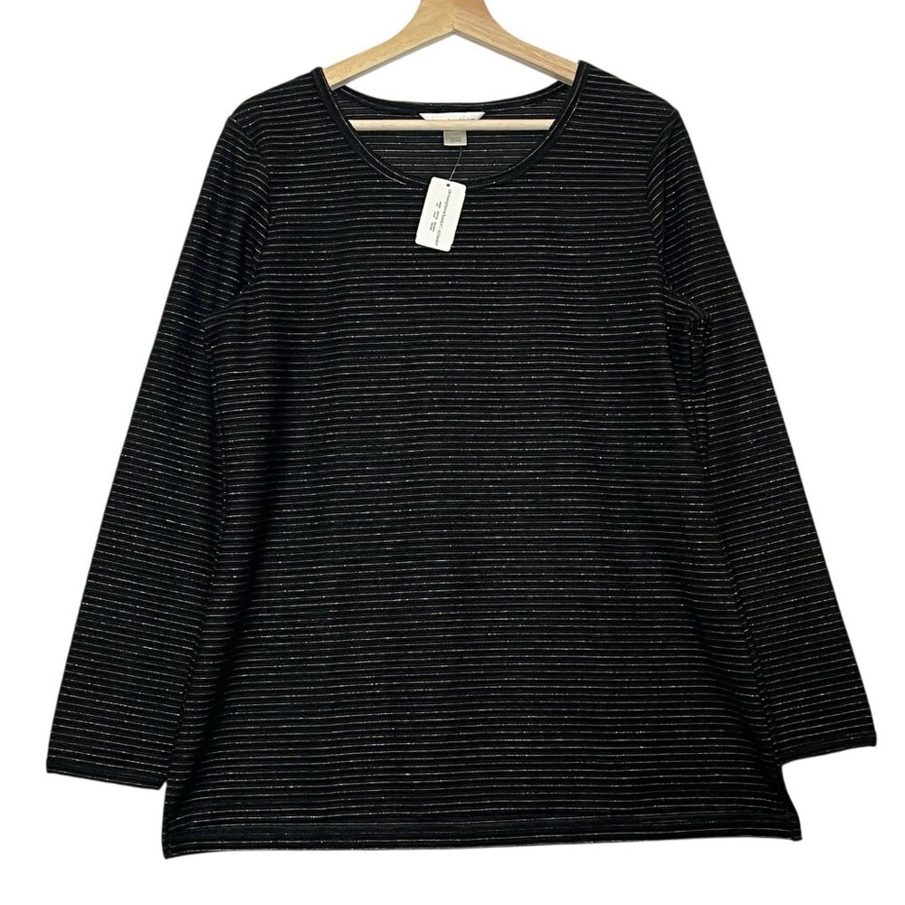 Christopher and banks womens tops Shirt Size Large Stripped Black Gold Stretch